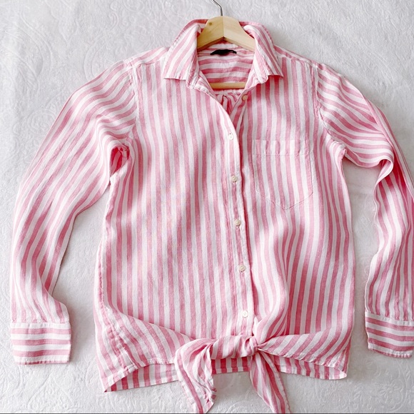 J.Crew Pink & White Stripe Toed Waist Linen Top - Picture 4 of 11